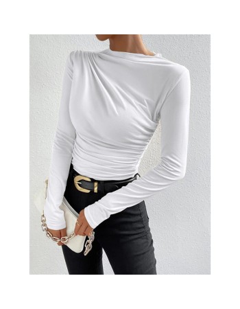 Solid Color Long Sleeve T-shirt Slim Bottoming Femme Joker Pleated Design T-shirt Top ZY1007