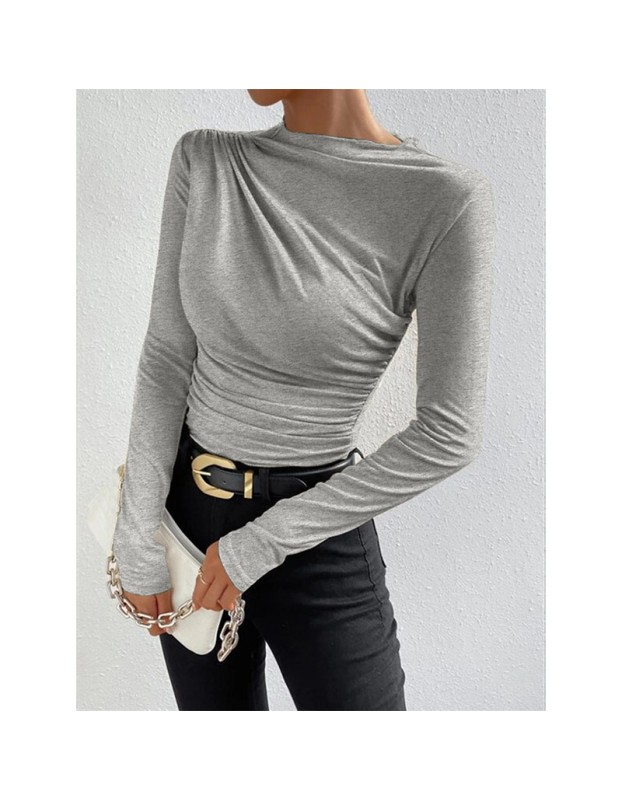 Solid Color Long Sleeve T-shirt Slim Bottoming Femme Joker Pleated Design T-shirt Top ZY1007