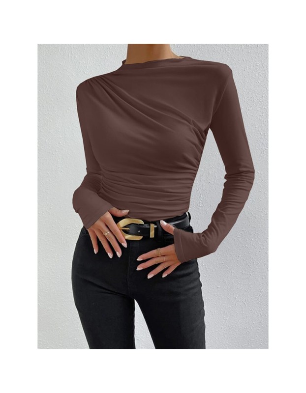 Solid Color Long Sleeve T-shirt Slim Bottoming Femme Joker Pleated Design T-shirt Top ZY1007