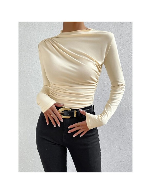 Solid Color Long Sleeve T-shirt Slim Bottoming Femme Joker Pleated Design T-shirt Top ZY1007