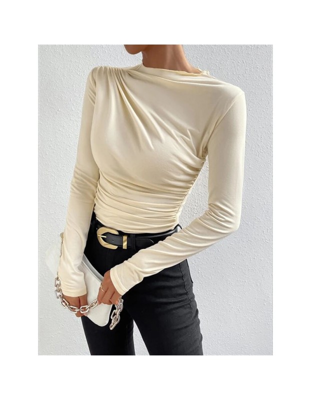 Solid Color Long Sleeve T-shirt Slim Bottoming Femme Joker Pleated Design T-shirt Top ZY1007
