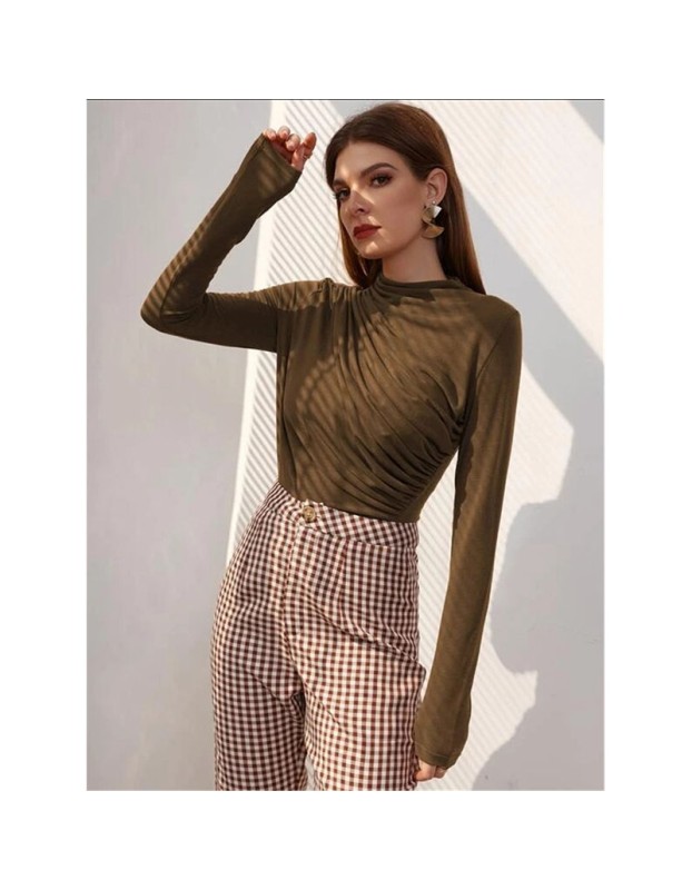 High-necked Design Feels Pleated Streetwear T-shirt Joker Long Sleeve Top T-shirt For Women ZY1068