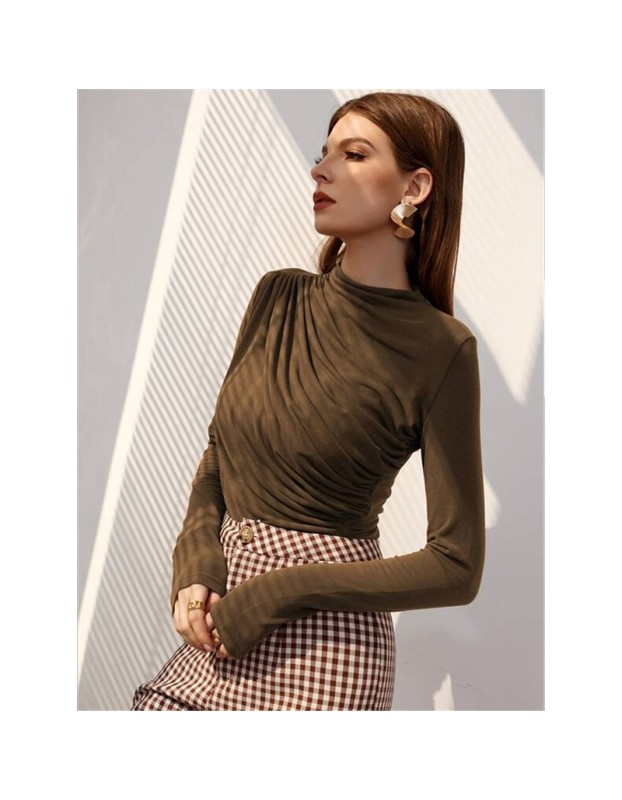 High-necked Design Feels Pleated Streetwear T-shirt Joker Long Sleeve Top T-shirt For Women ZY1068