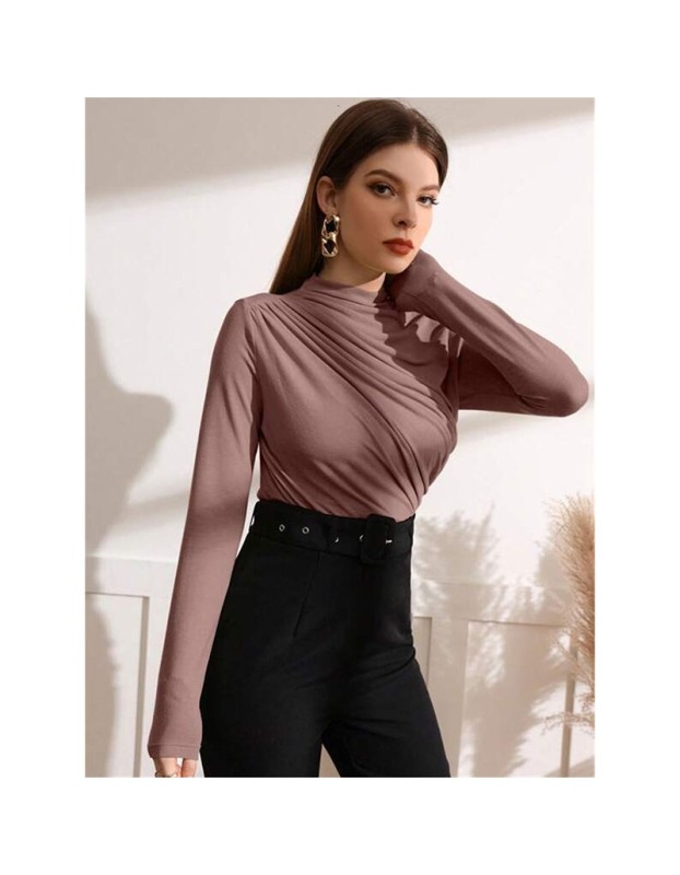High-necked Design Feels Pleated Streetwear T-shirt Joker Long Sleeve Top T-shirt For Women ZY1068