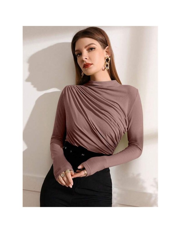 High-necked Design Feels Pleated Streetwear T-shirt Joker Long Sleeve Top T-shirt For Women ZY1068