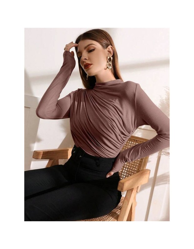 High-necked Design Feels Pleated Streetwear T-shirt Joker Long Sleeve Top T-shirt For Women ZY1068
