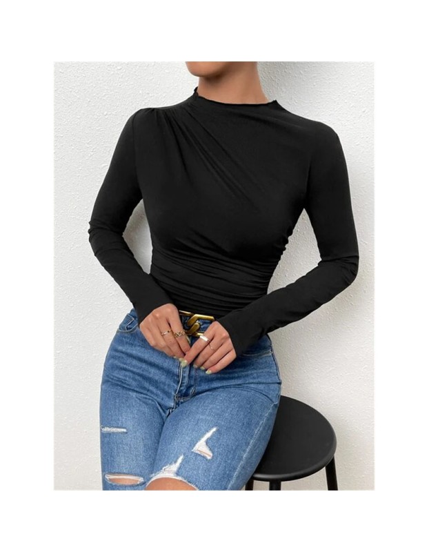 Solid Color Long Sleeve T-shirt Slim Bottoming Femme Joker Pleated Design T-shirt Top ZY1007