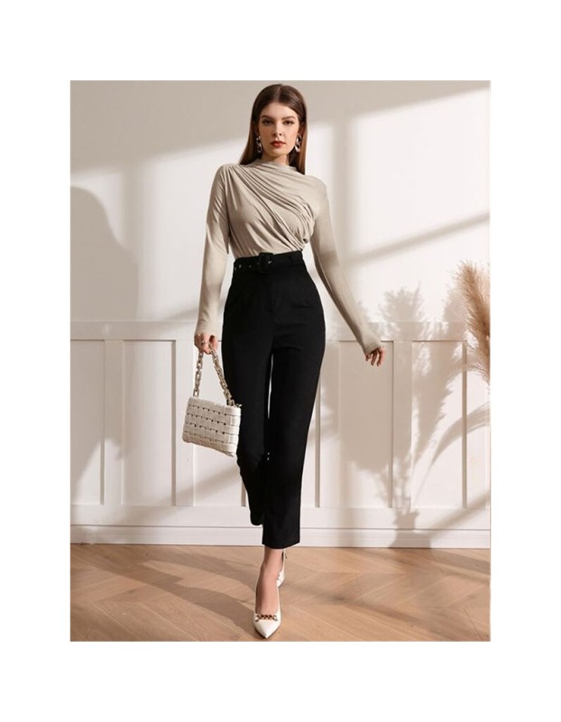 High-necked Design Feels Pleated Streetwear T-shirt Joker Long Sleeve Top T-shirt For Women ZY1068