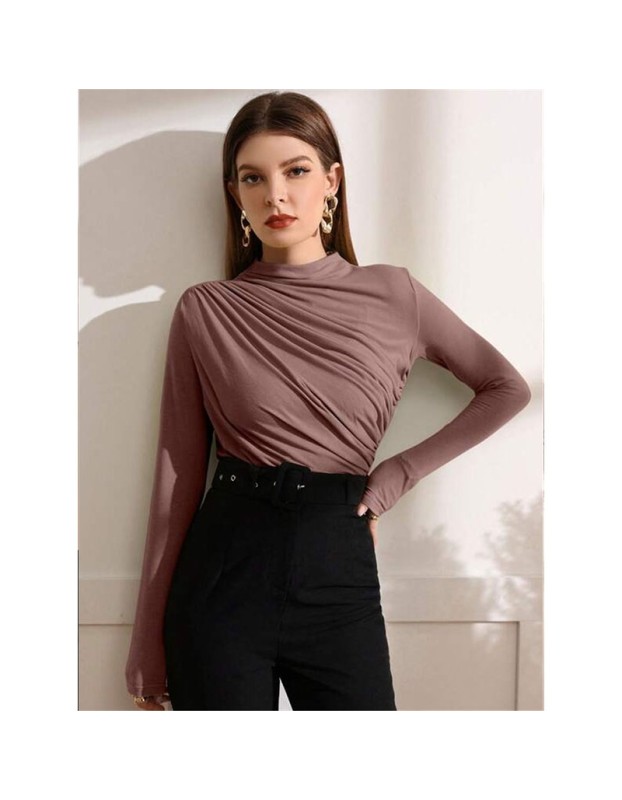 High-necked Design Feels Pleated Streetwear T-shirt Joker Long Sleeve Top T-shirt For Women ZY1068