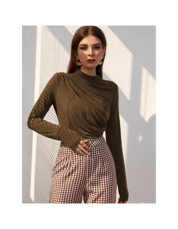 High-necked Design Feels Pleated Streetwear T-shirt Joker Long Sleeve Top T-shirt For Women ZY1068