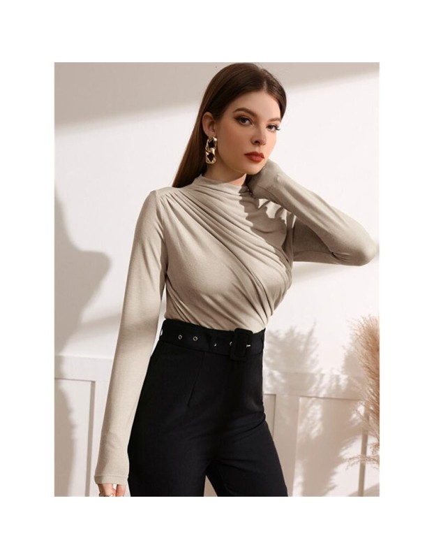 High-necked Design Feels Pleated Streetwear T-shirt Joker Long Sleeve Top T-shirt For Women ZY1068