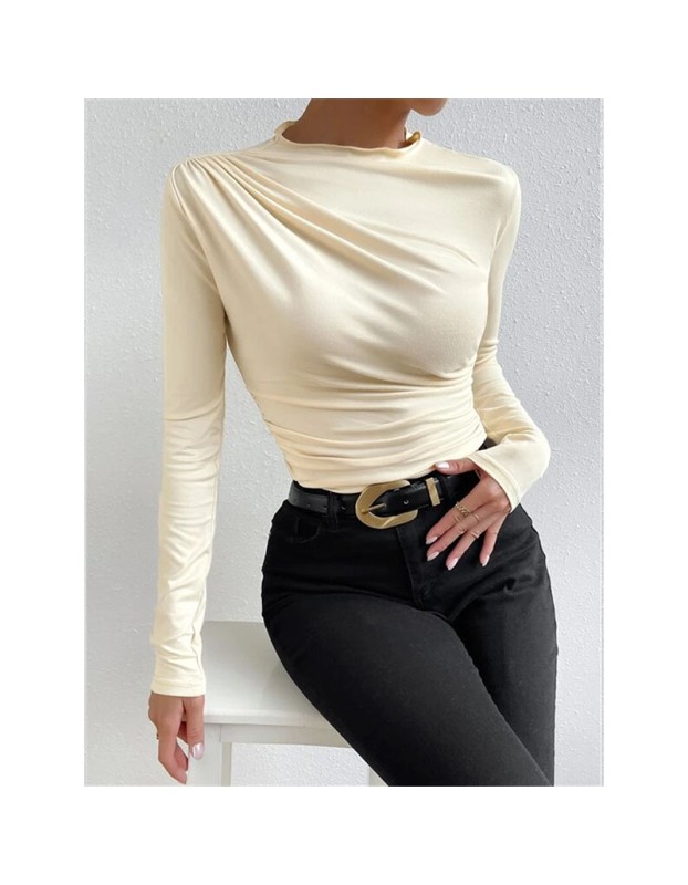 Solid Color Long Sleeve T-shirt Slim Bottoming Femme Joker Pleated Design T-shirt Top ZY1007