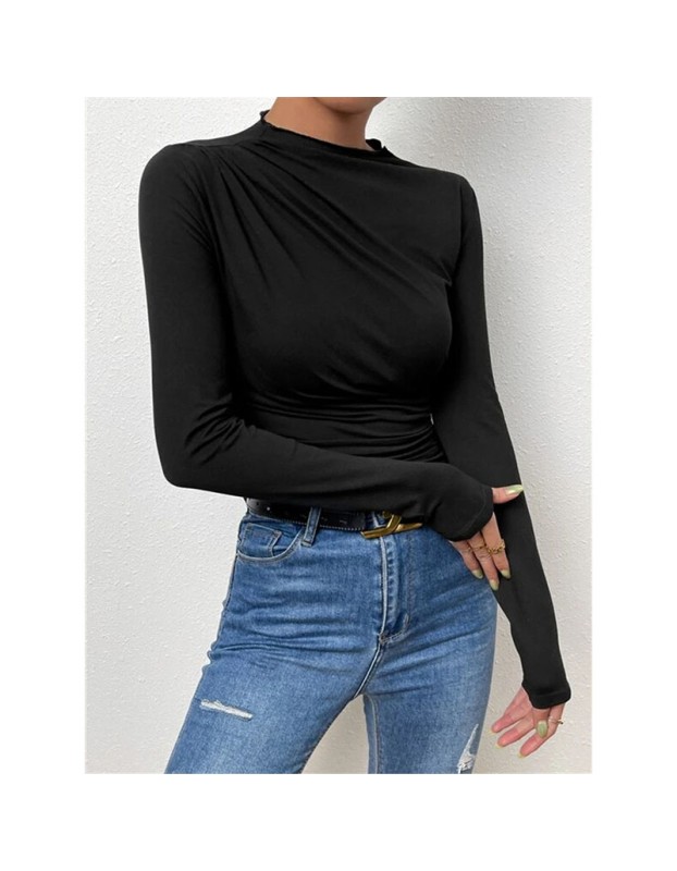 Solid Color Long Sleeve T-shirt Slim Bottoming Femme Joker Pleated Design T-shirt Top ZY1007