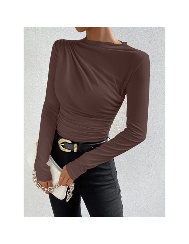 Solid Color Long Sleeve T-shirt Slim Bottoming Femme Joker Pleated Design T-shirt Top ZY1007