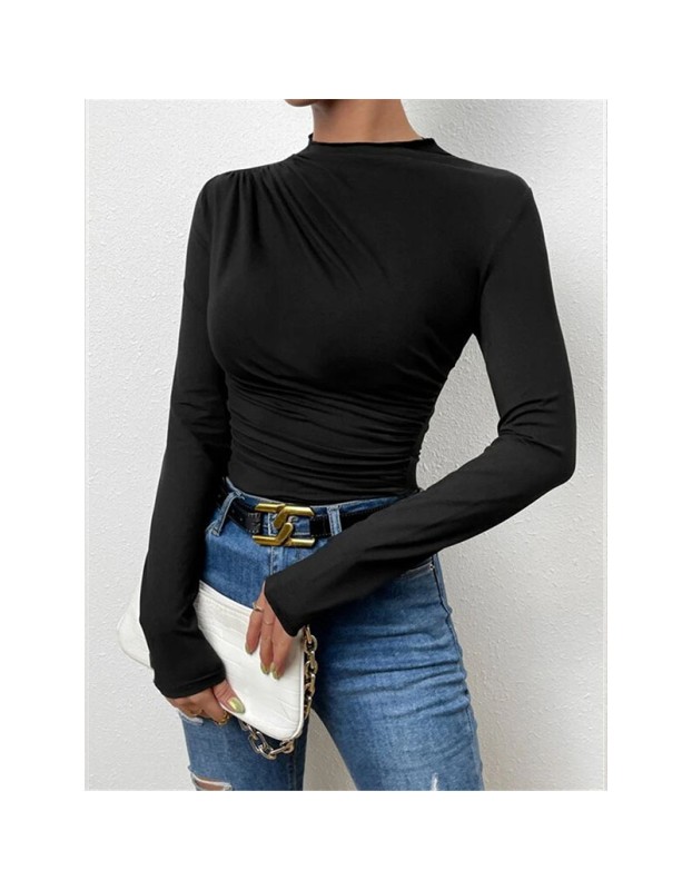 Solid Color Long Sleeve T-shirt Slim Bottoming Femme Joker Pleated Design T-shirt Top ZY1007