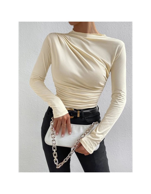 Solid Color Long Sleeve T-shirt Slim Bottoming Femme Joker Pleated Design T-shirt Top ZY1007