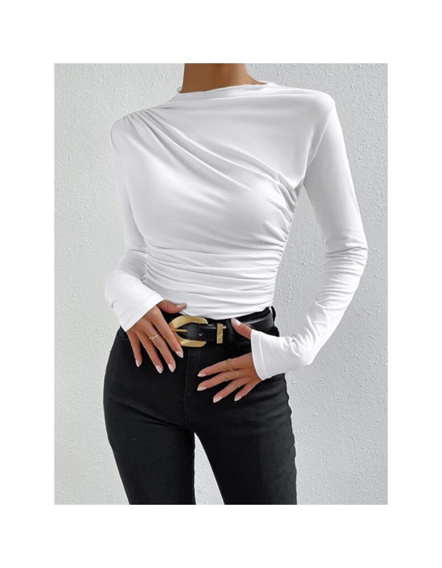 Solid Color Long Sleeve T-shirt Slim Bottoming Femme Joker Pleated Design T-shirt Top ZY1007