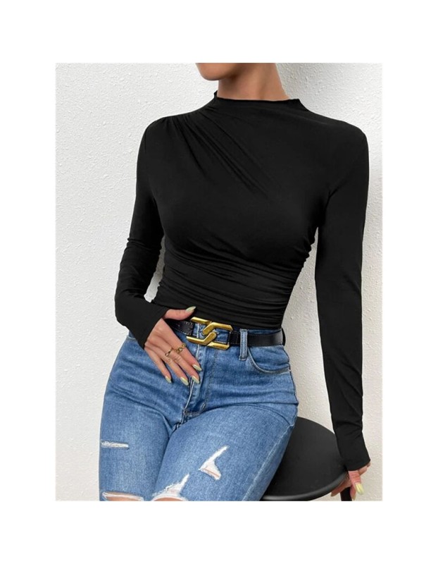 Solid Color Long Sleeve T-shirt Slim Bottoming Femme Joker Pleated Design T-shirt Top ZY1007