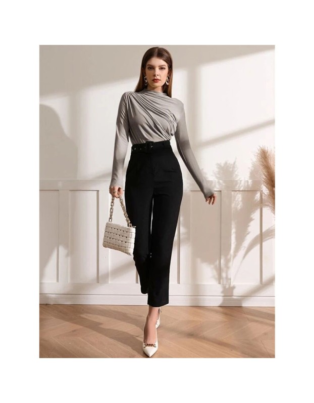 High-necked Design Feels Pleated Streetwear T-shirt Joker Long Sleeve Top T-shirt For Women ZY1068
