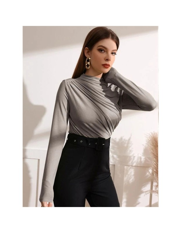 High-necked Design Feels Pleated Streetwear T-shirt Joker Long Sleeve Top T-shirt For Women ZY1068