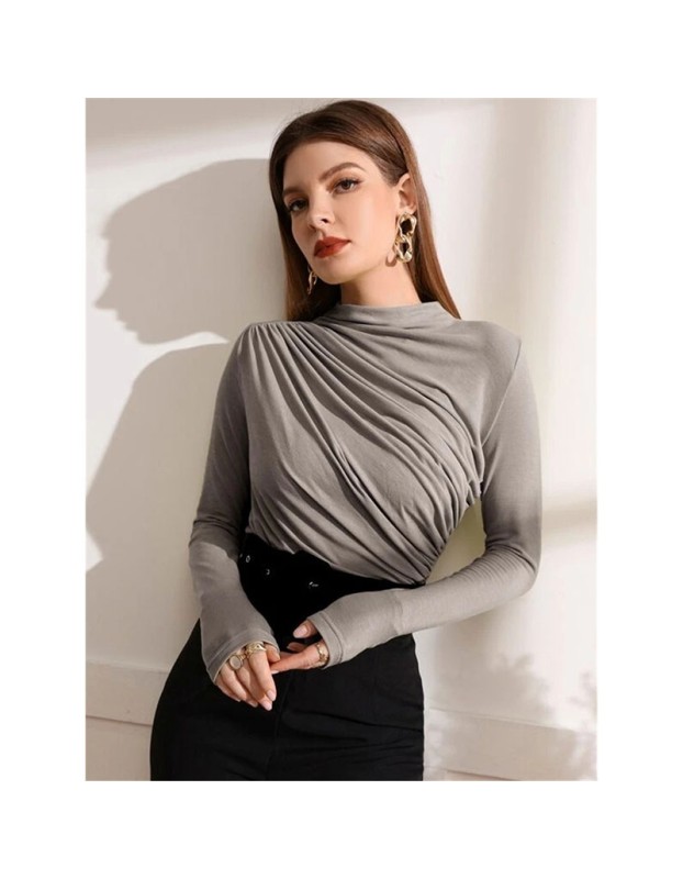 High-necked Design Feels Pleated Streetwear T-shirt Joker Long Sleeve Top T-shirt For Women ZY1068