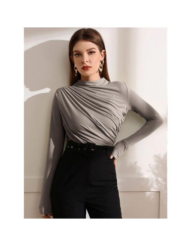 High-necked Design Feels Pleated Streetwear T-shirt Joker Long Sleeve Top T-shirt For Women ZY1068
