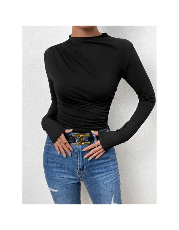 Solid Color Long Sleeve T-shirt Slim Bottoming Femme Joker Pleated Design T-shirt Top ZY1007
