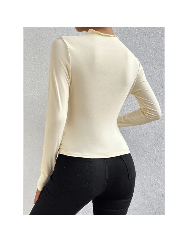 Solid Color Long Sleeve T-shirt Slim Bottoming Femme Joker Pleated Design T-shirt Top ZY1007