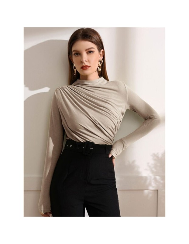 High-necked Design Feels Pleated Streetwear T-shirt Joker Long Sleeve Top T-shirt For Women ZY1068