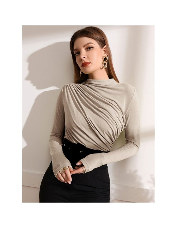 High-necked Design Feels Pleated Streetwear T-shirt Joker Long Sleeve Top T-shirt For Women ZY1068