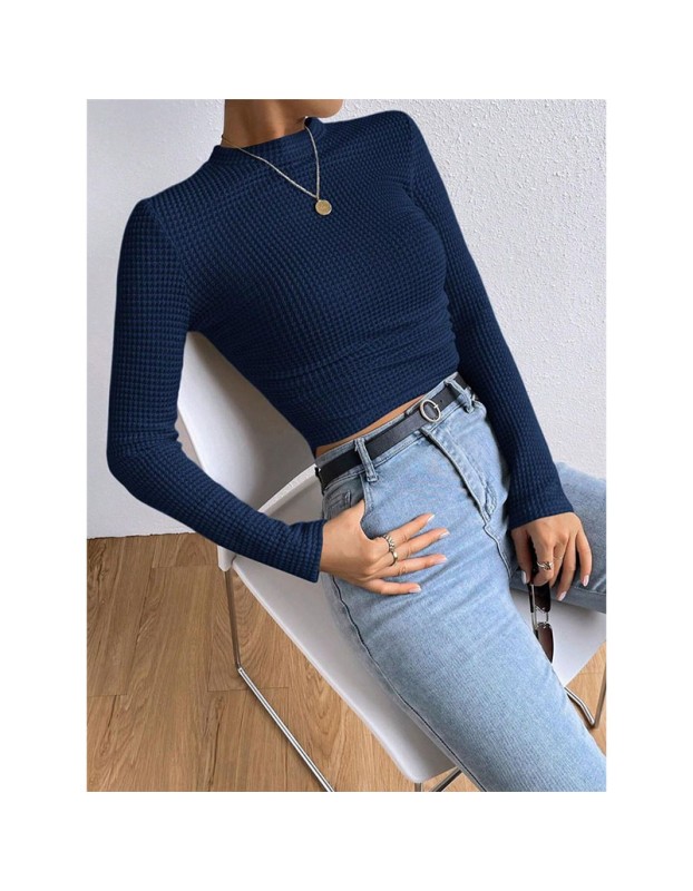 Wholesale Undershirt Slim Fit Vintage T-shirt Plaid Round T-shirts Women Pleated Top ZY1052