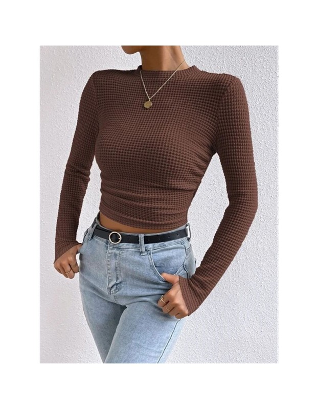 Wholesale Undershirt Slim Fit Vintage T-shirt Plaid Round T-shirts Women Pleated Top ZY1052