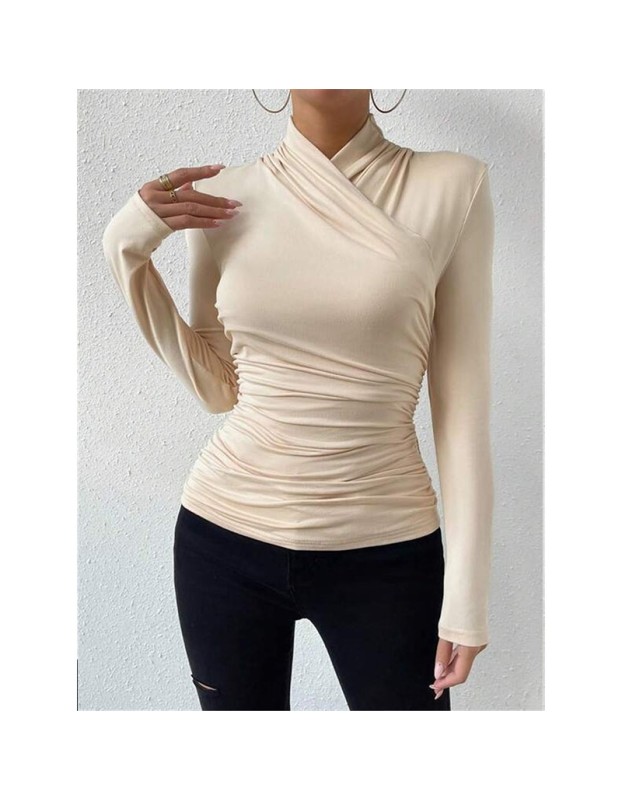 Black T-shirt Cross Collar Slim Ladies Sweater Undershirts Joker Pleated Woman T-shirt  ZY1033