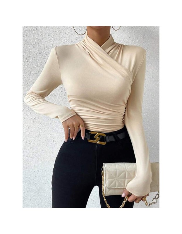 Black T-shirt Cross Collar Slim Ladies Sweater Undershirts Joker Pleated Woman T-shirt  ZY1033