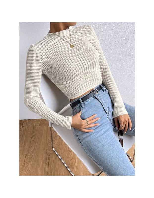 Wholesale Undershirt Slim Fit Vintage T-shirt Plaid Round T-shirts Women Pleated Top ZY1052