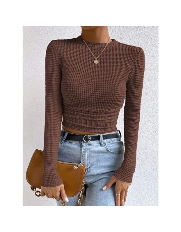 Wholesale Undershirt Slim Fit Vintage T-shirt Plaid Round T-shirts Women Pleated Top ZY1052