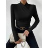 Black T-shirt Cross Collar Slim Ladies Sweater Undershirts Joker Pleated Woman T-shirt  ZY1033