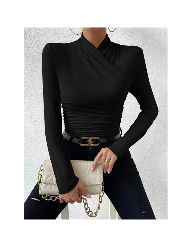 Black T-shirt Cross Collar Slim Ladies Sweater Undershirts Joker Pleated Woman T-shirt  ZY1033