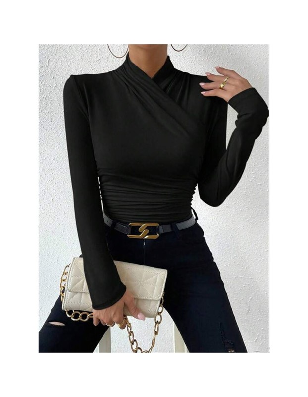 Black T-shirt Cross Collar Slim Ladies Sweater Undershirts Joker Pleated Woman T-shirt  ZY1033