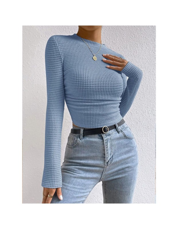 Wholesale Undershirt Slim Fit Vintage T-shirt Plaid Round T-shirts Women Pleated Top ZY1052