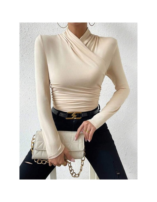 Black T-shirt Cross Collar Slim Ladies Sweater Undershirts Joker Pleated Woman T-shirt  ZY1033