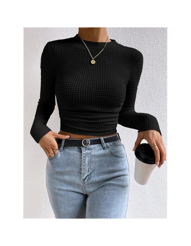 Wholesale Undershirt Slim Fit Vintage T-shirt Plaid Round T-shirts Women Pleated Top ZY1052