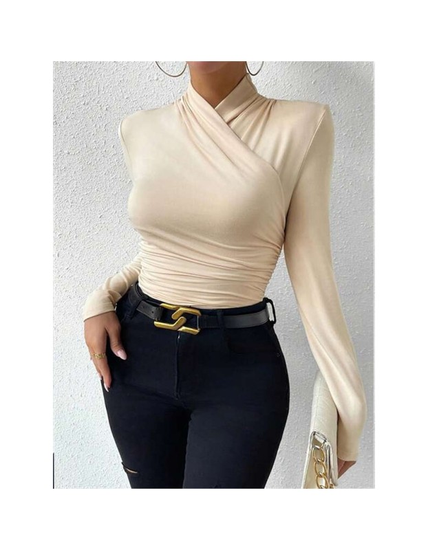 Black T-shirt Cross Collar Slim Ladies Sweater Undershirts Joker Pleated Woman T-shirt  ZY1033