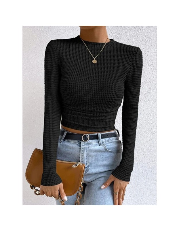 Wholesale Undershirt Slim Fit Vintage T-shirt Plaid Round T-shirts Women Pleated Top ZY1052