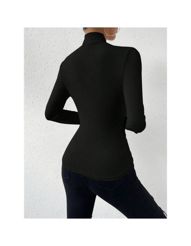 Black T-shirt Cross Collar Slim Ladies Sweater Undershirts Joker Pleated Woman T-shirt  ZY1033