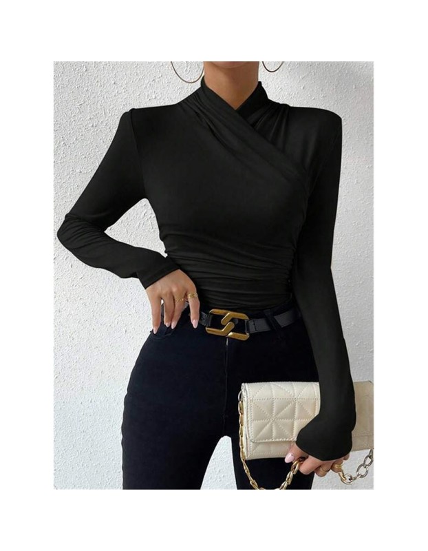 Black T-shirt Cross Collar Slim Ladies Sweater Undershirts Joker Pleated Woman T-shirt  ZY1033