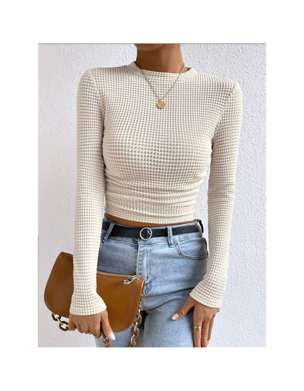 Wholesale Undershirt Slim Fit Vintage T-shirt Plaid Round T-shirts Women Pleated Top ZY1052