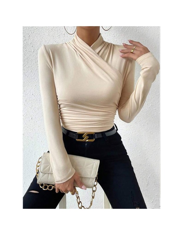 Black T-shirt Cross Collar Slim Ladies Sweater Undershirts Joker Pleated Woman T-shirt  ZY1033