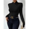 Black T-shirt Cross Collar Slim Ladies Sweater Undershirts Joker Pleated Woman T-shirt  ZY1033