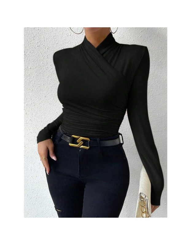 Black T-shirt Cross Collar Slim Ladies Sweater Undershirts Joker Pleated Woman T-shirt  ZY1033